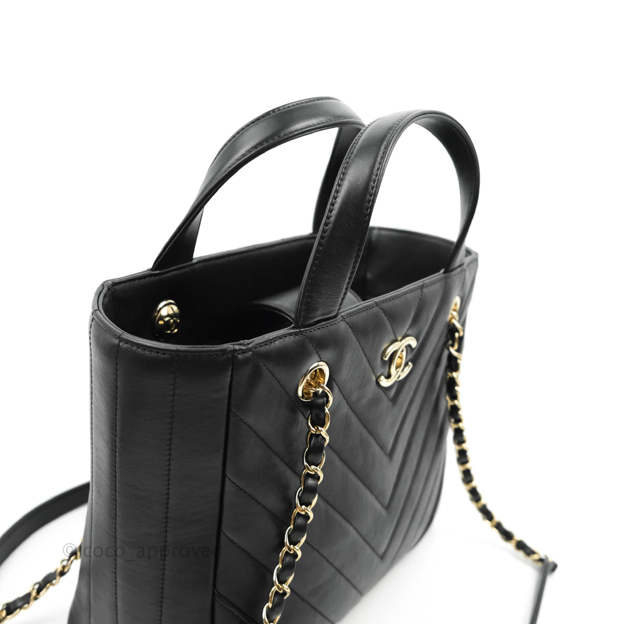 Chanel Small Chevron Tote Bag Black Calfskin Gold Hardware – Coco