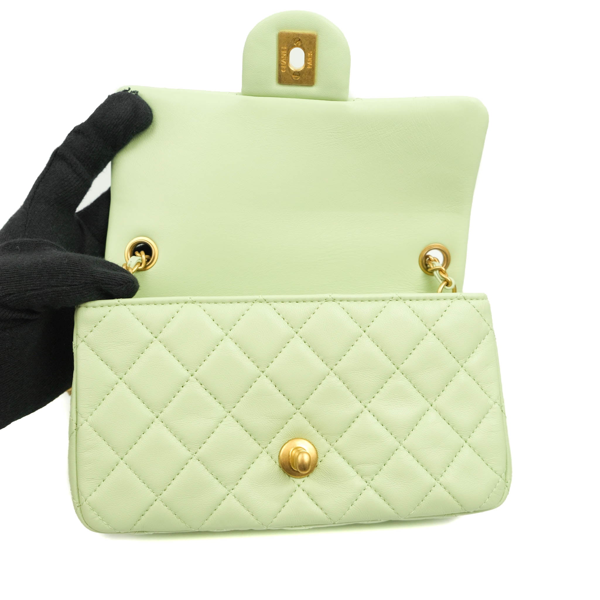 Chanel Mint Green Quilted Lambskin Square Mini Pearl Crush Bag, myGemma, SG