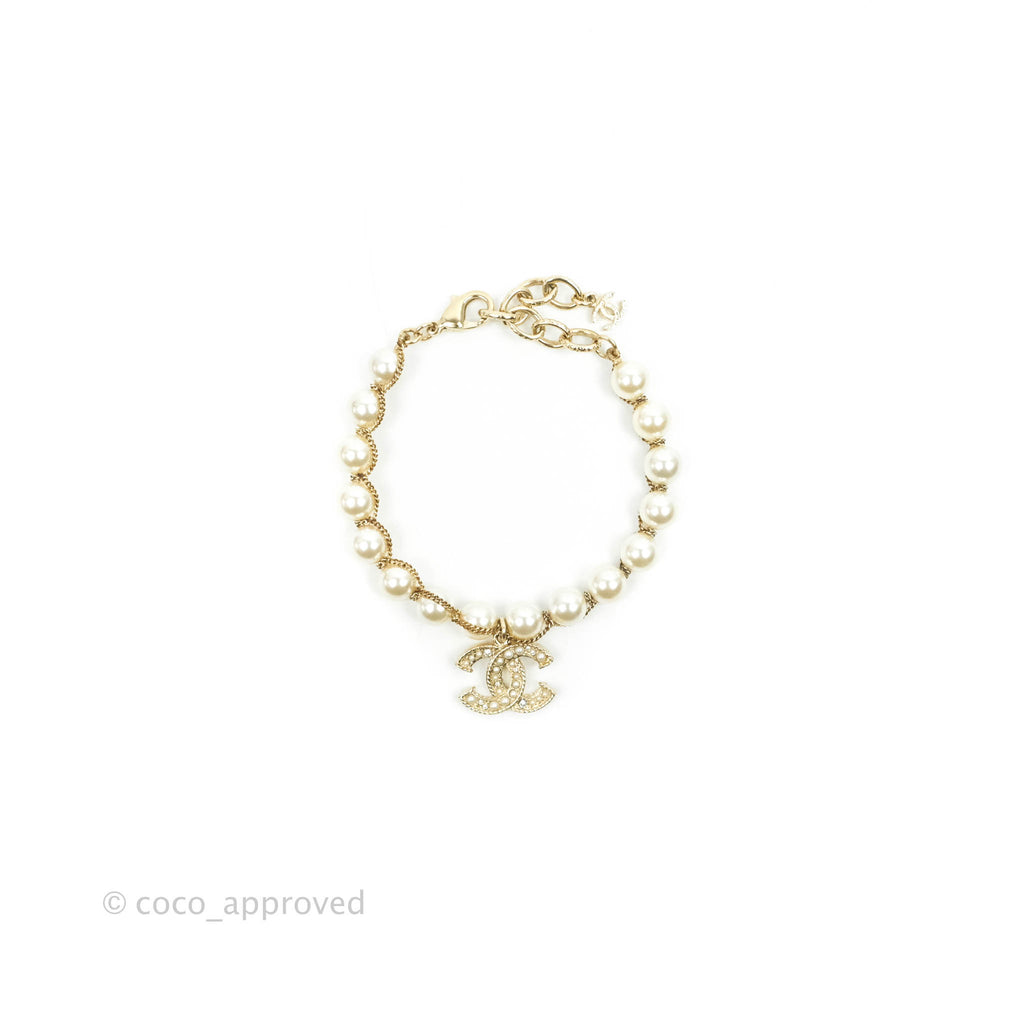 Chanel CC Crystal Pearl Bracelet Gold Tone 19C