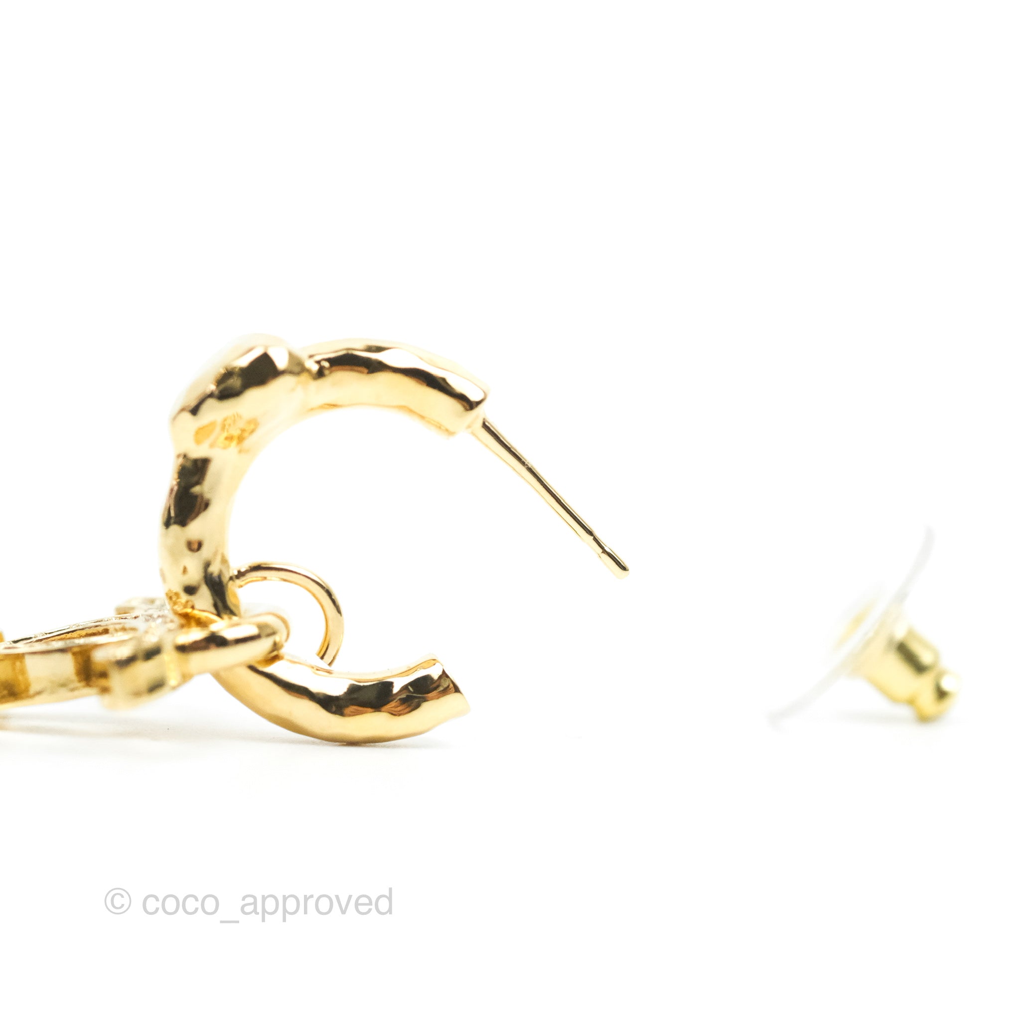 Chanel Heart Crystal CC Drop Hoop Earrings Gold Tone 23P – Coco Approved  Studio