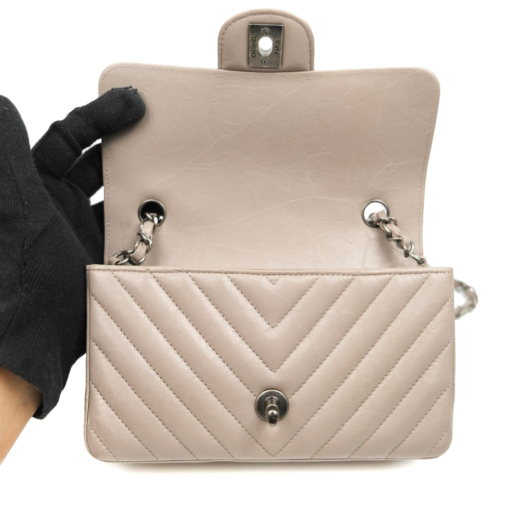 Chanel Chevron Mini Rectangular Flap Iridescent Grey Crumpled Calfskin Ruthenium Hardware