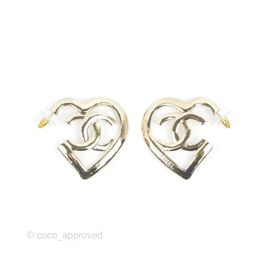 Chanel CC Heart Hoop Earrings Gold Tone 22P