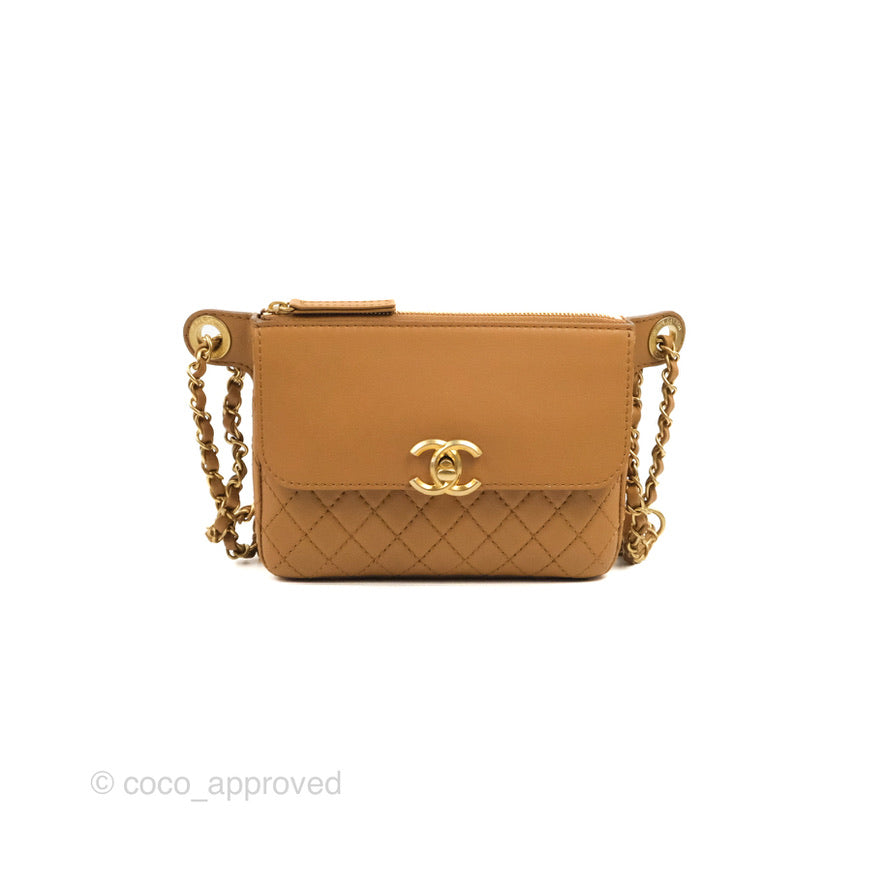 Chanel Flap Waist Bag with Leather & Tweed Coin Purses Dark Beige Calf