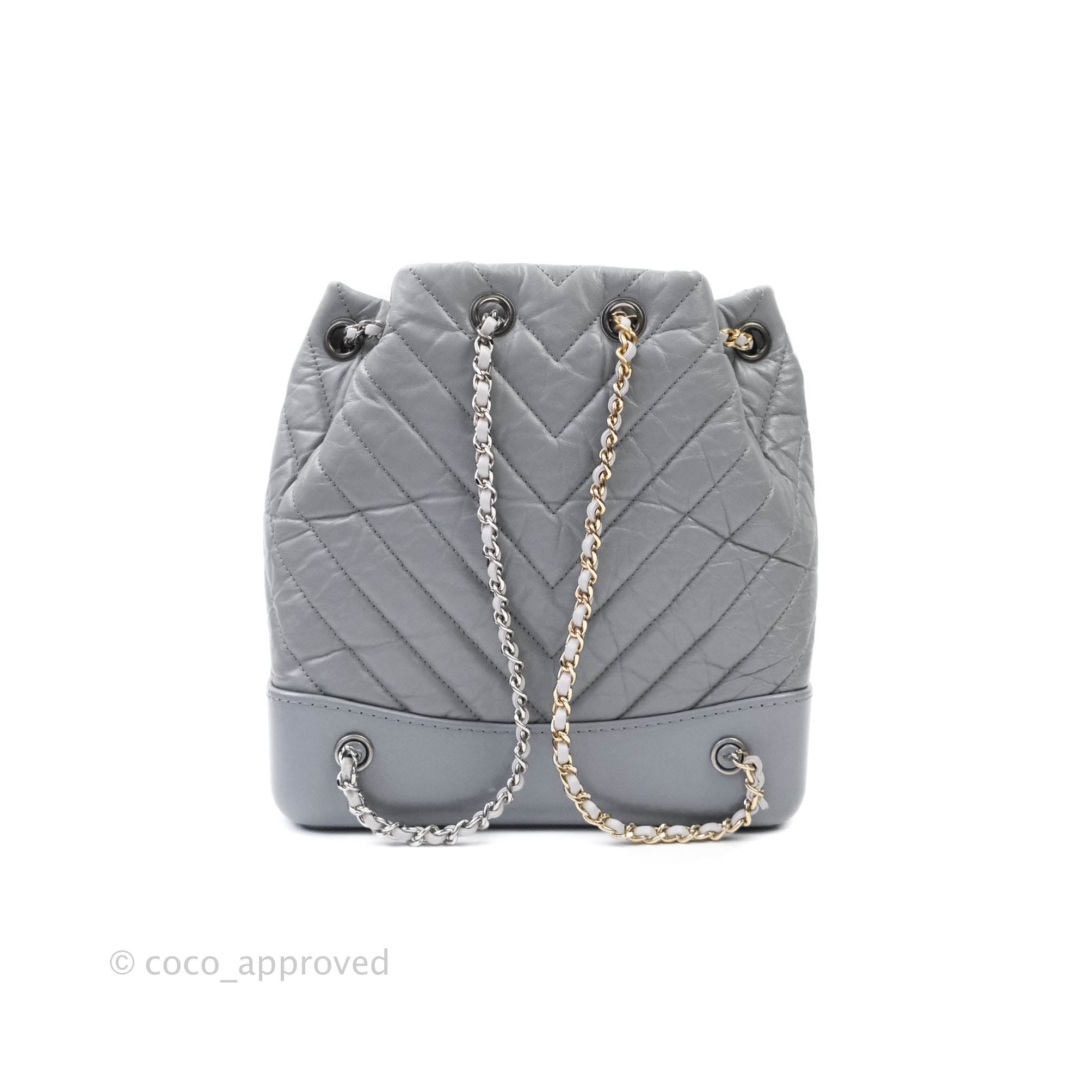 chanel gabrielle mini backpack Chanel Small Chevron Gabrielle Backpack Aged Calfskin Grey – Coco Approved Studio