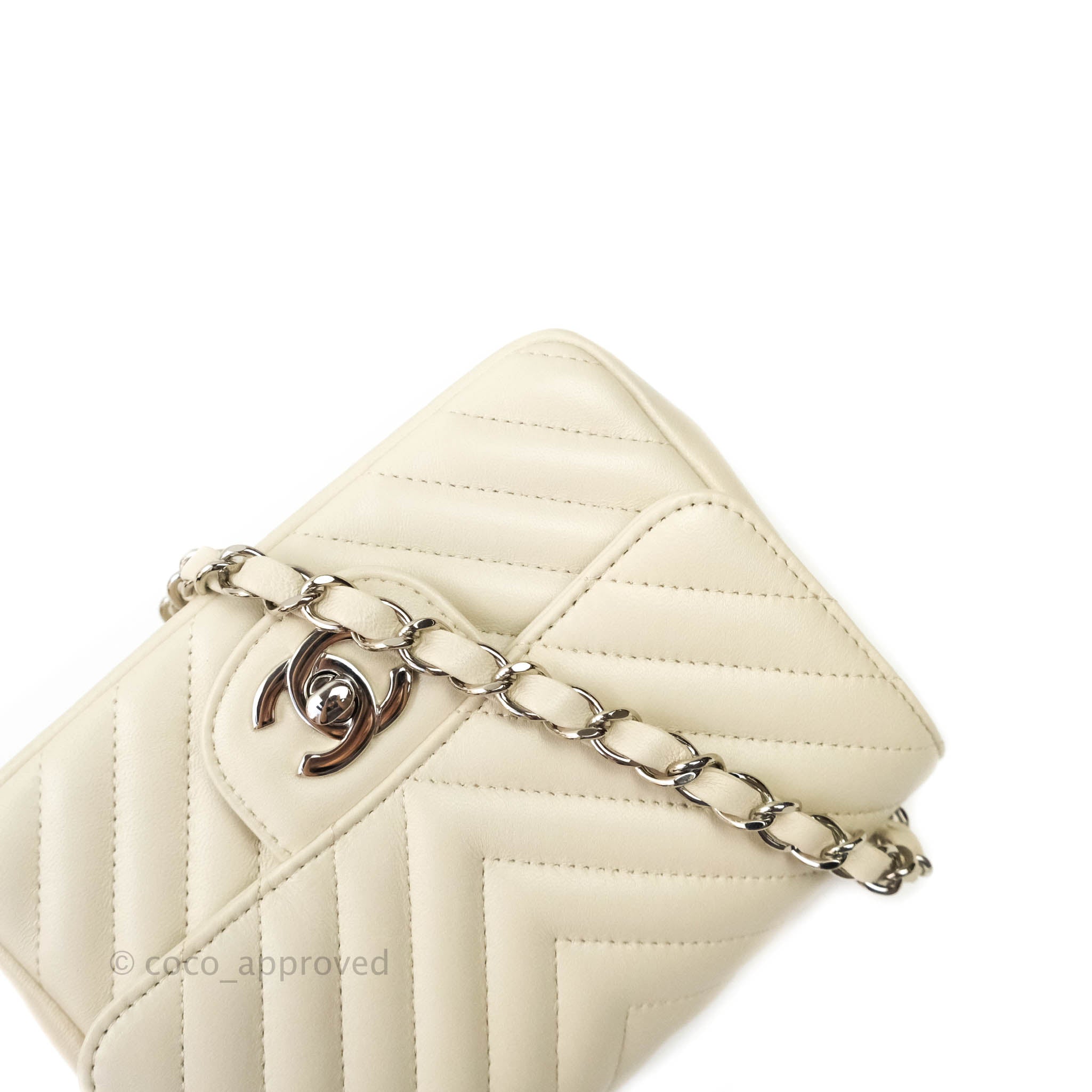 Chanel Mini Square Chevron White Ivory Lambskin Silver Hardware – Coco  Approved Studio
