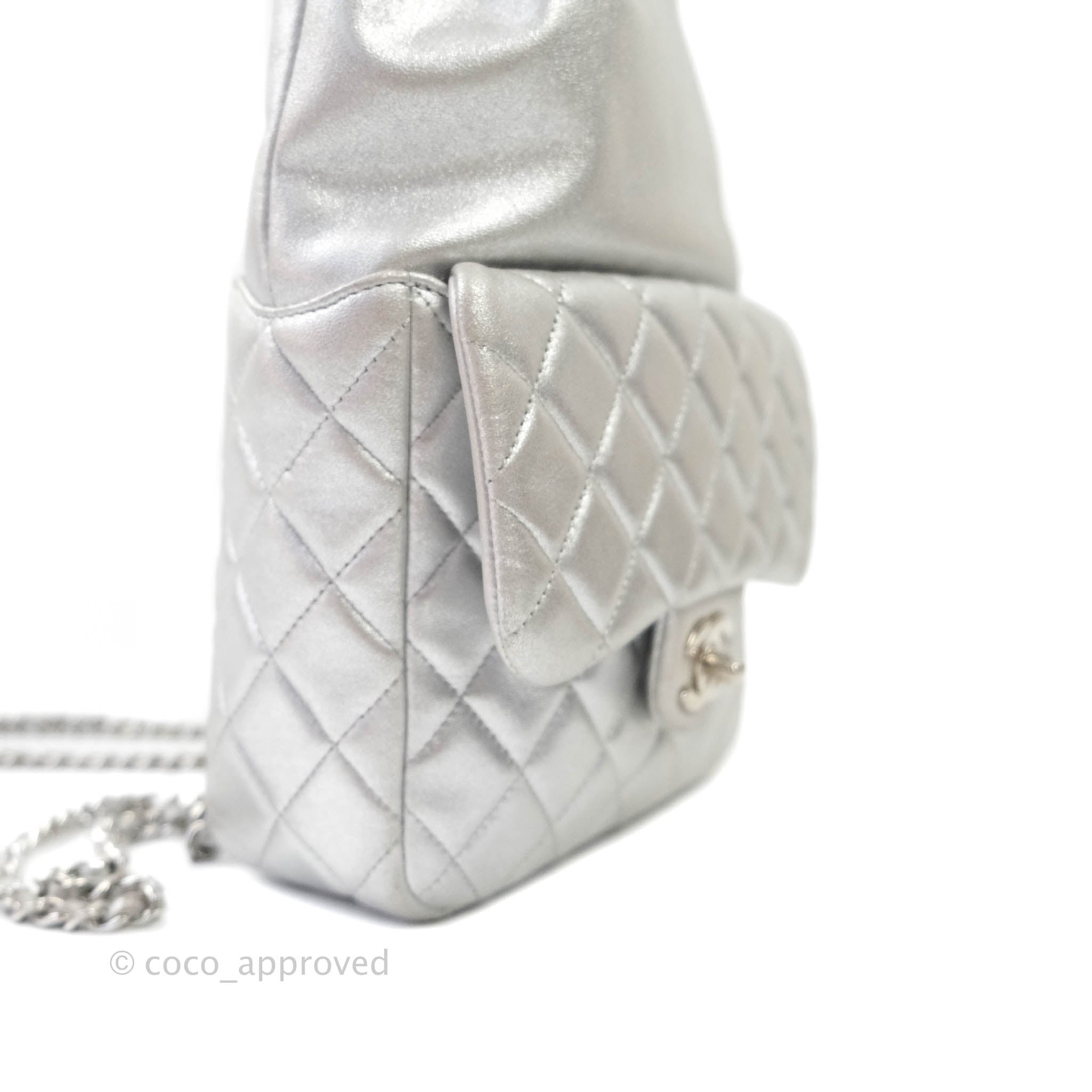 Chanel Pewter Metallic Quilted Calfskin Drawstring Mini Backpack Ruthenium Hardware, 2015-2016 (Like New)