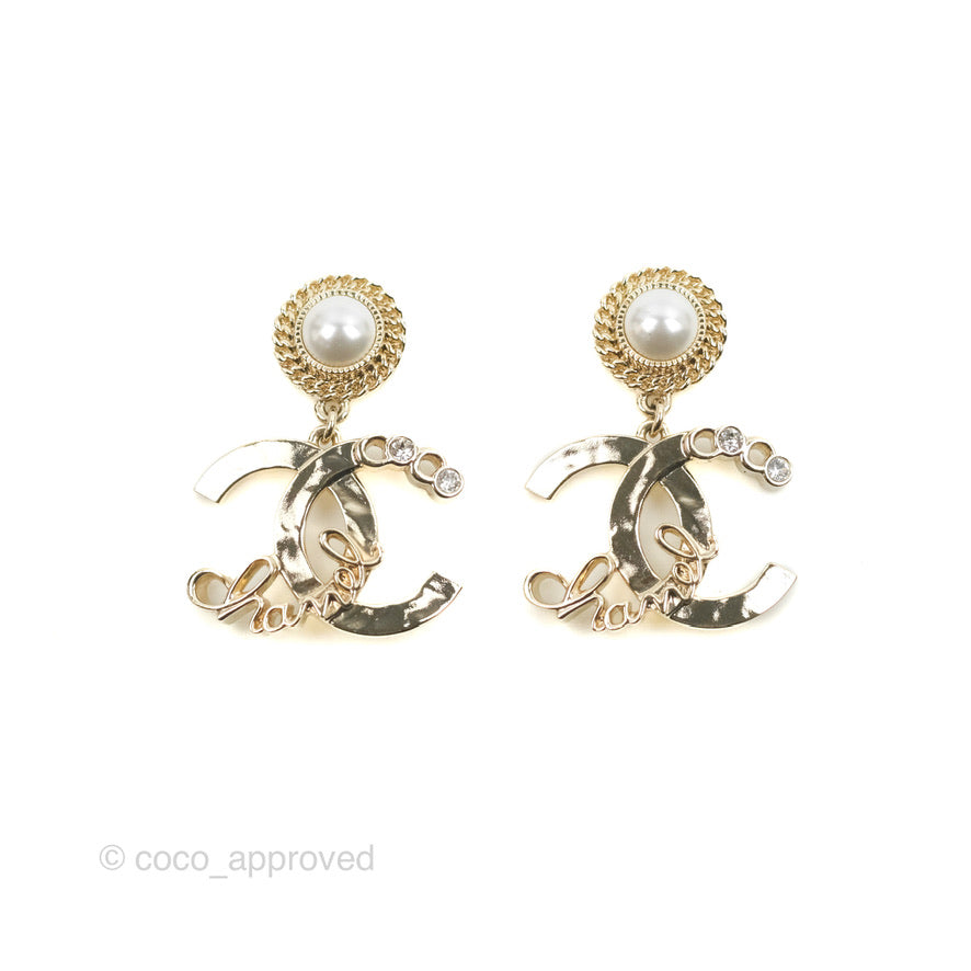 Chanel CC Coco Round Pearl Drop Earrings Gold Tone 22P