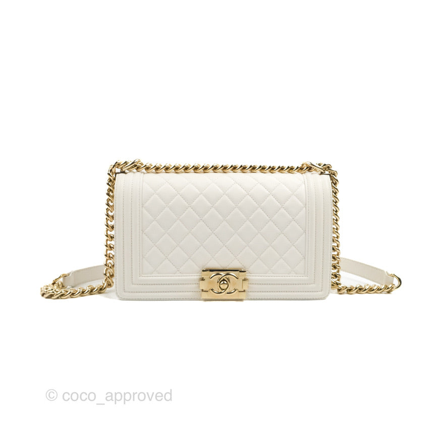 Chanel Medium Boy Bag White Calfskin Gold Hardware – Coco Approved