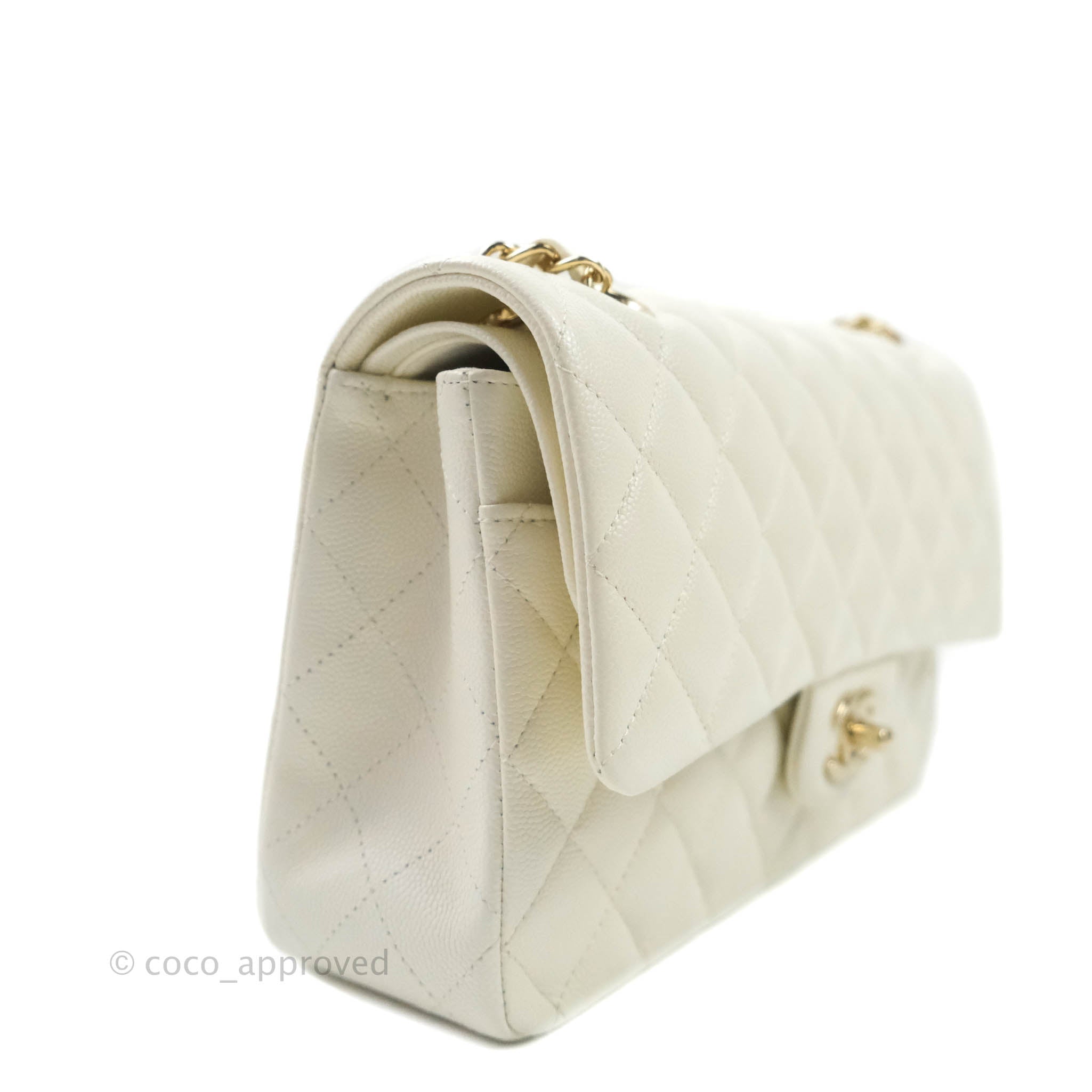 Chanel Classic M/L Medium Double Flap Ivory White Caviar Gold Hardware – Coco  Approved Studio