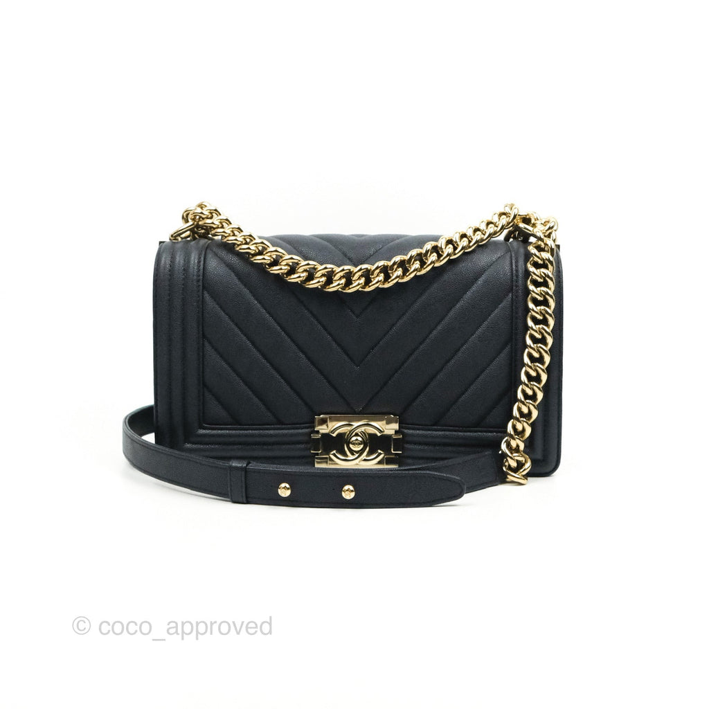 Chanel Chevron Medium Boy Dark Grey Blue Caviar Gold Hardware