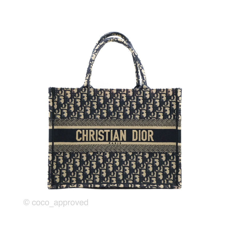 Christian Dior Medium Blue (Old Small) Dior Oblique Embroidery Canvas Book Tote