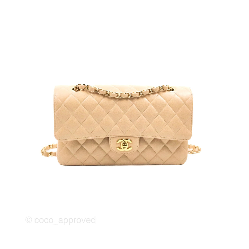 Chanel Quilted Classic M/L Medium Flap Beige Caviar Gold Hardware