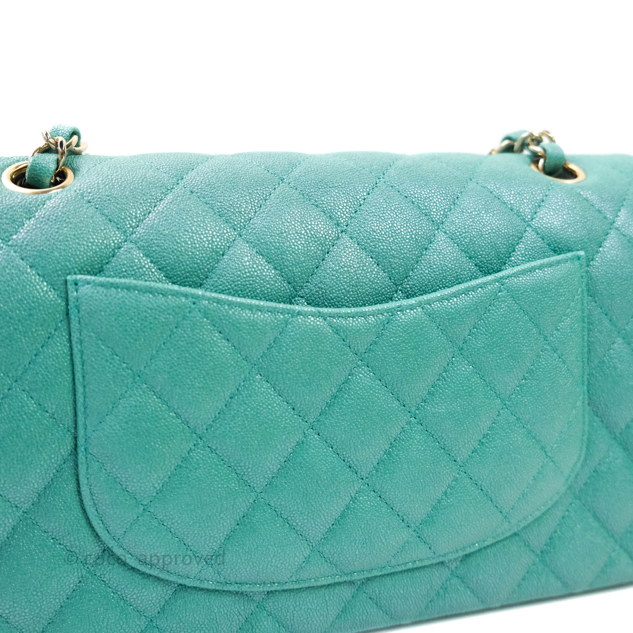 Chanel Classic M/L Medium Double Flap Iridescent Turquoise Caviar Gold –  Coco Approved Studio