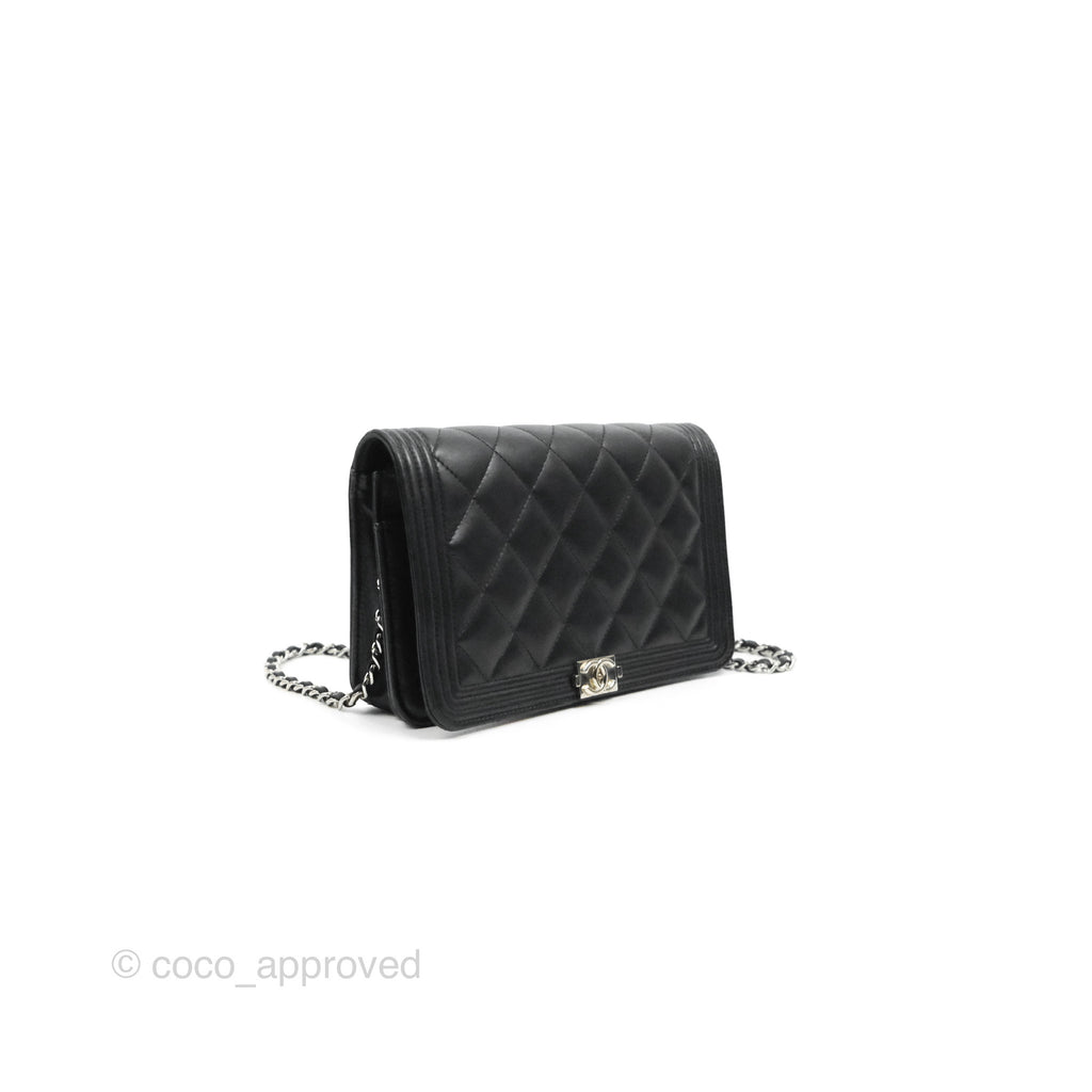 Chanel Quilted Boy Wallet on Chain WOC Black Lambskin Silver Hardware