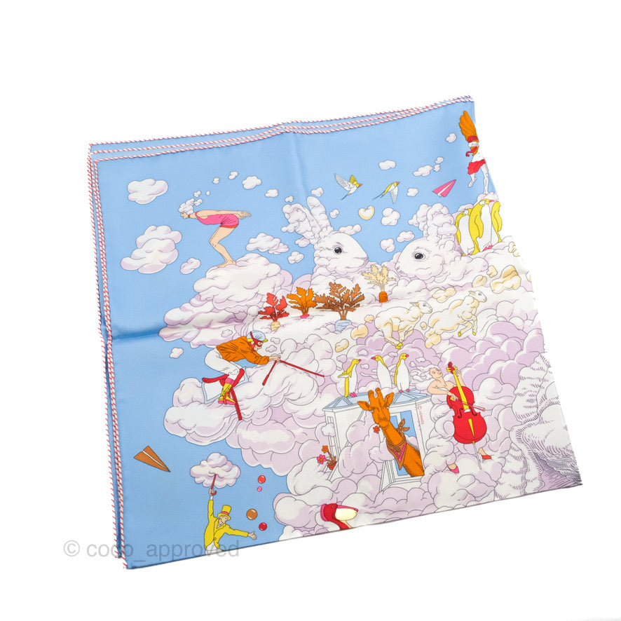 Hermès Sur Mon Nuage Scarf 90 Bleu Ciel / Parme / Jaune