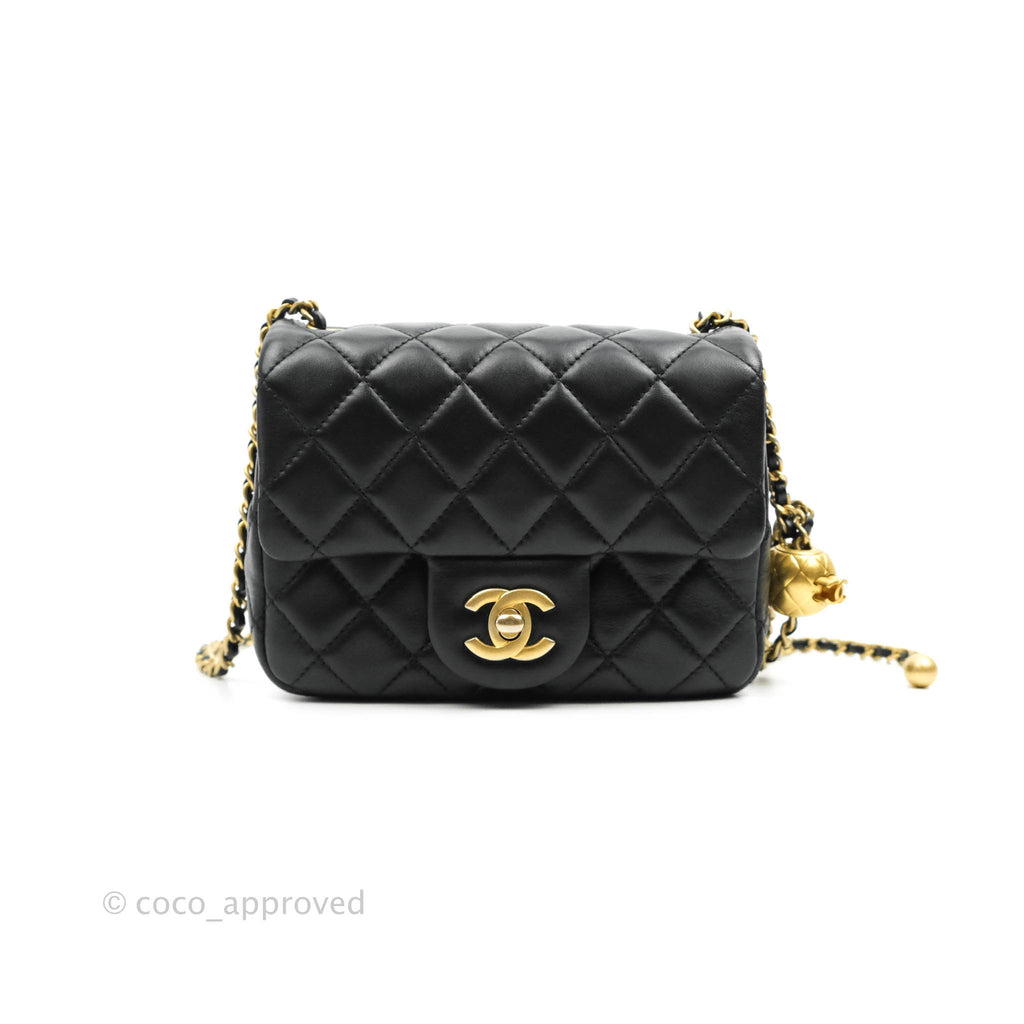 Chanel Mini Square Pearl Crush Quilted Black Lambskin Aged Gold Hardware