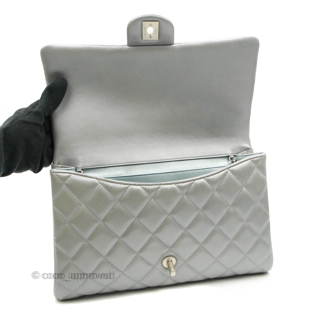 Chanel Quilted Clutch with Chain Silver Lambskin Matte Silver Hardware