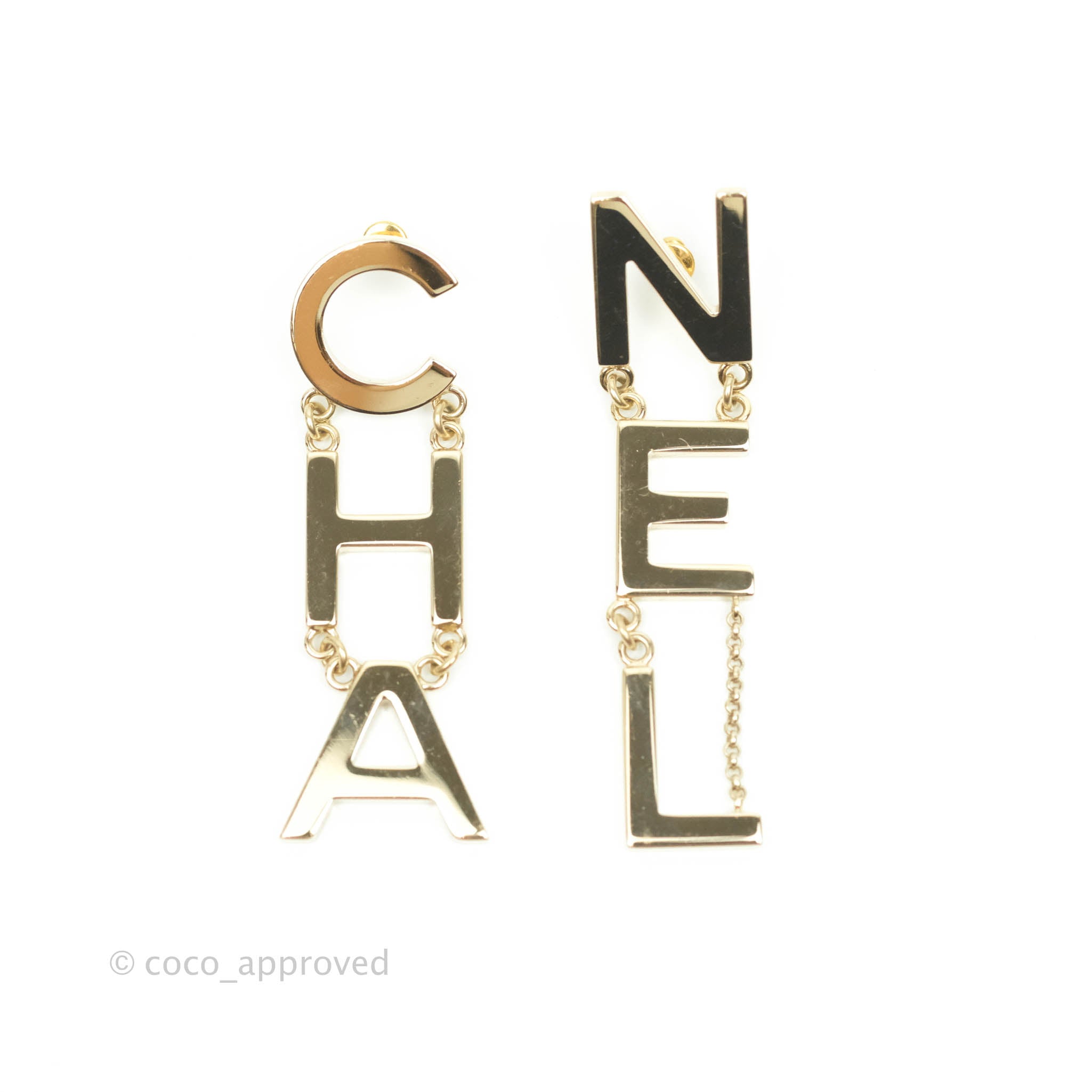 Chanel Letter Cha-Nel Logo Drop Earrings Gold Tone 20V