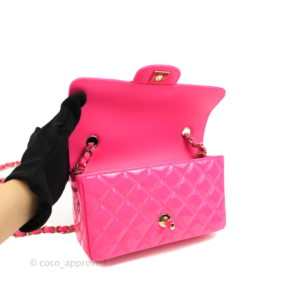 Chanel Mini Rectangular Quilted Neon Pink Patent Gold Hardware