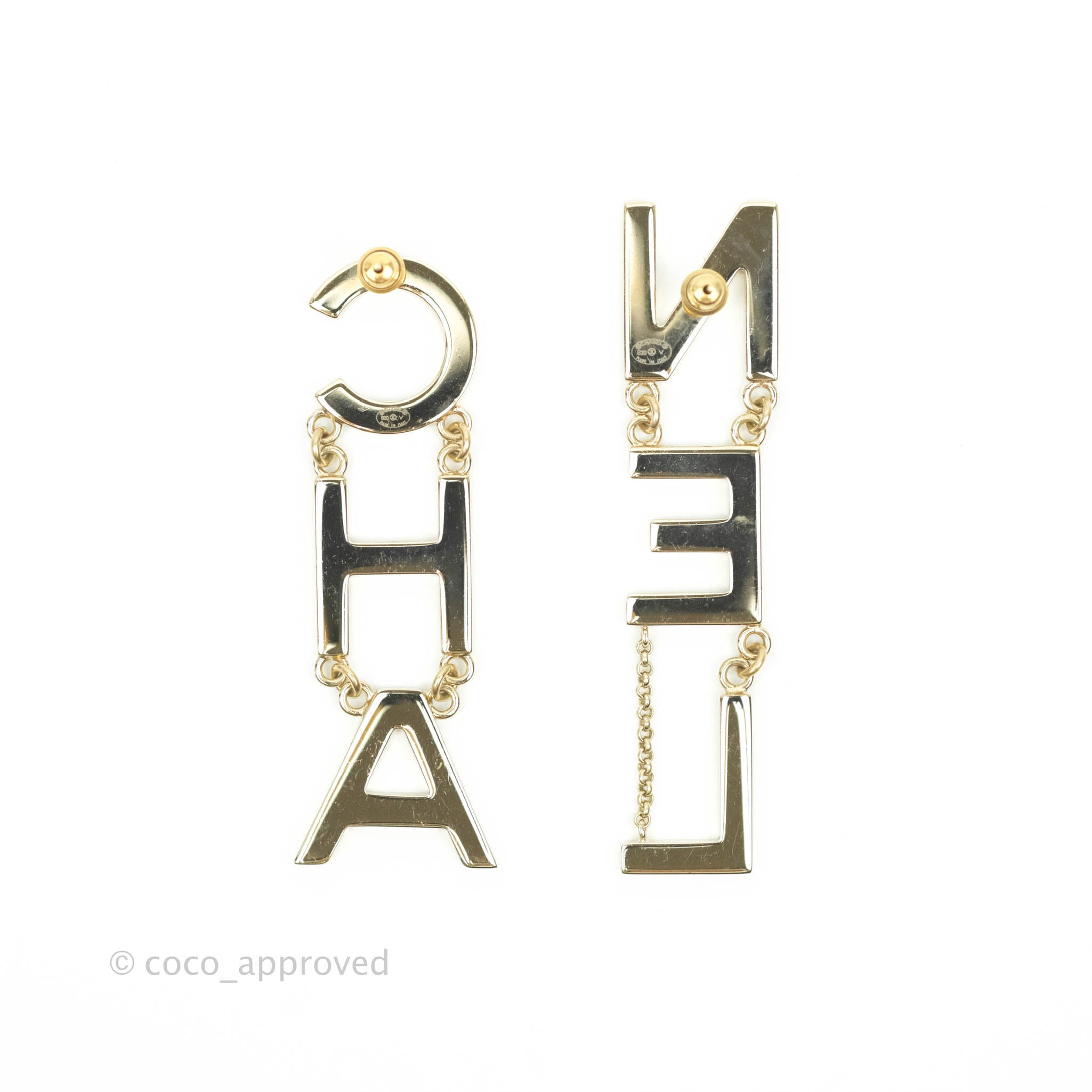 Chanel Letter Cha-Nel Logo Drop Earrings Gold Tone 20V – Coco Approved  Studio