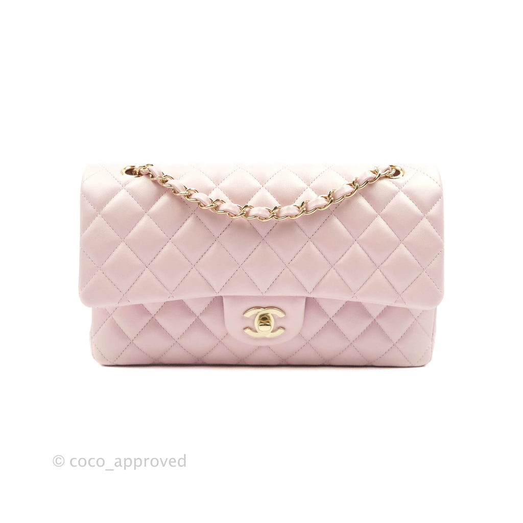 Chanel Quilted M/L Medium Double Flap Bag Iridescent Pink Calfskin Gold Hardware