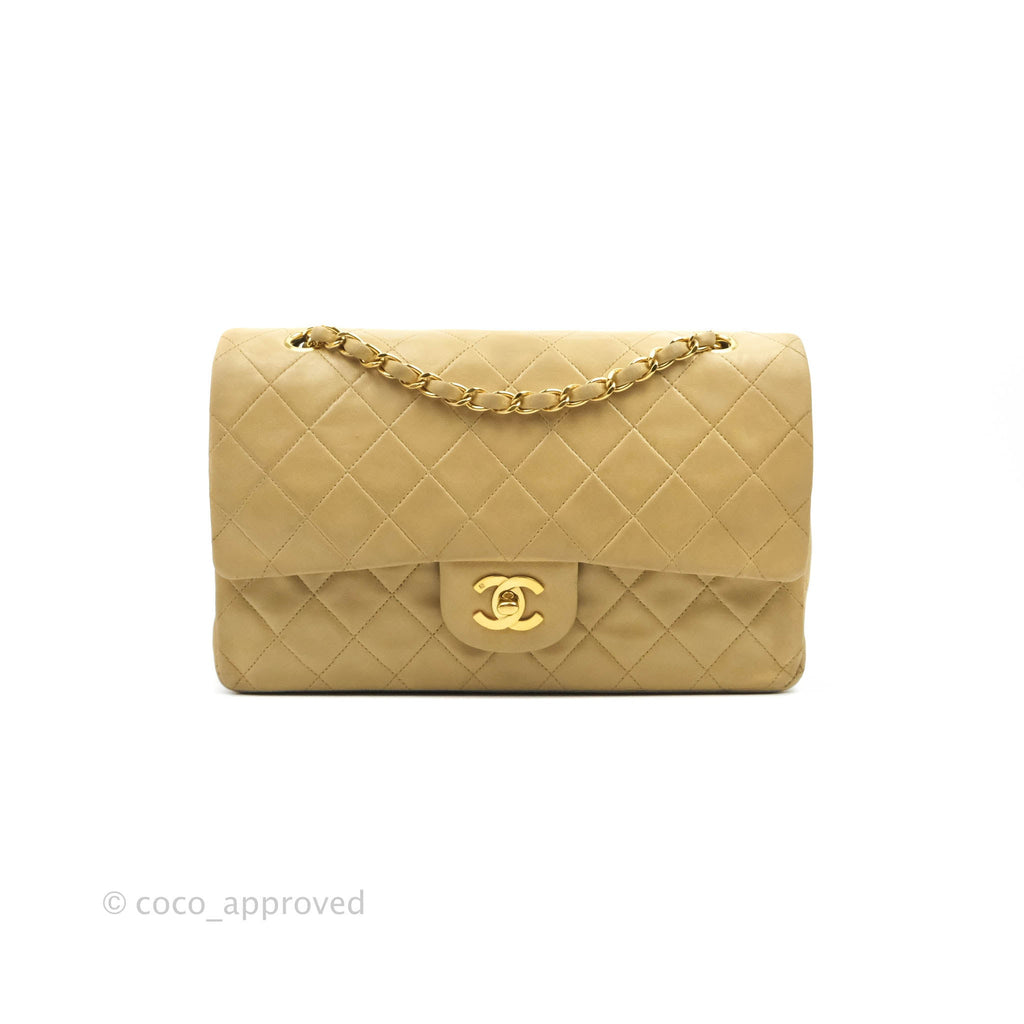 Chanel Vintage Classic M/L Medium Double Flap Bag Beige Lambskin 24K Gold Hardware