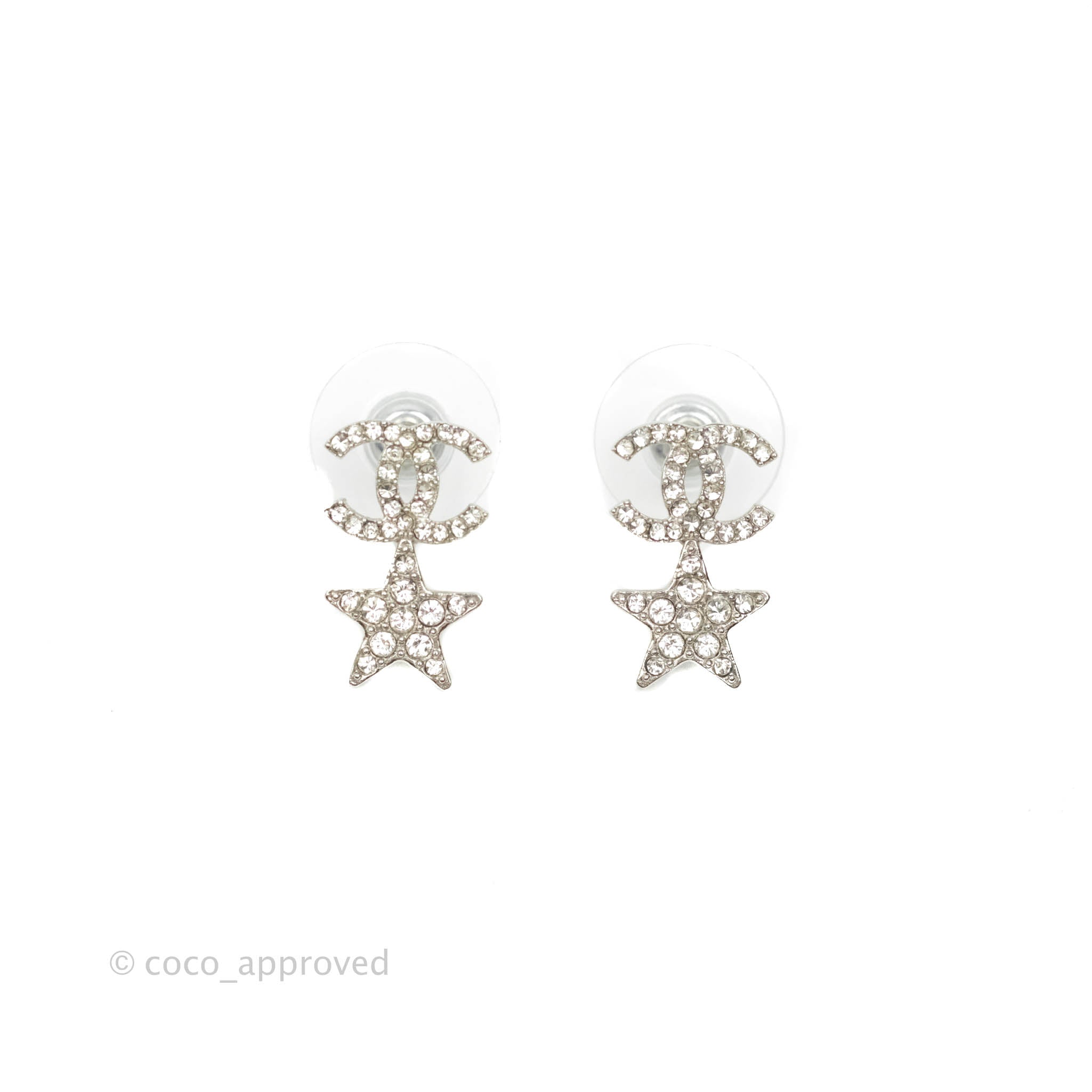 Chanel Crystal CC Star Earrings Silver Tone 20P