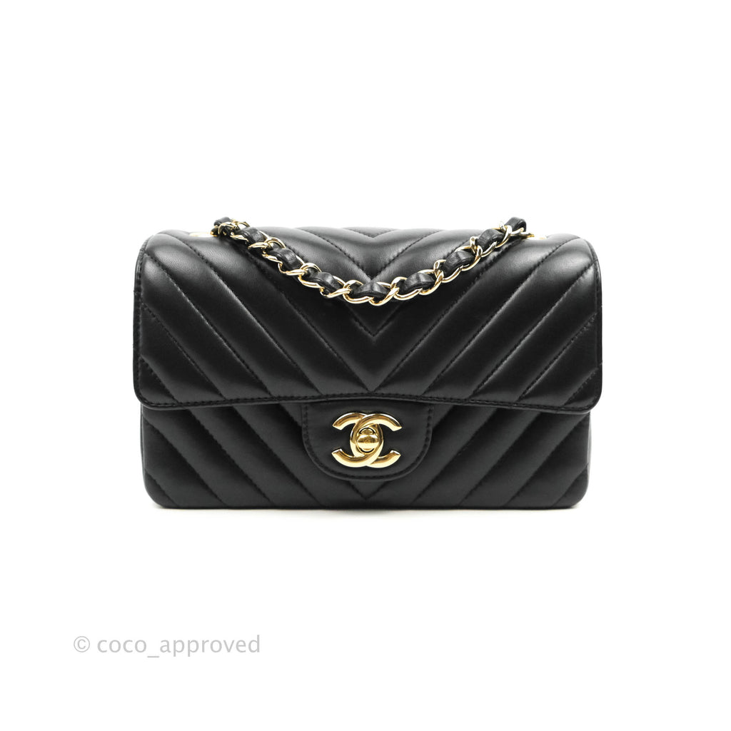 Chanel Chevron Mini Rectangular Flap Black Lambskin Gold Hardware