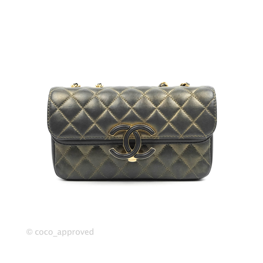 Chanel Small Enamel CC Flap Bag Quilted Iridescent Grey Lambskin Aged Gold Hardware