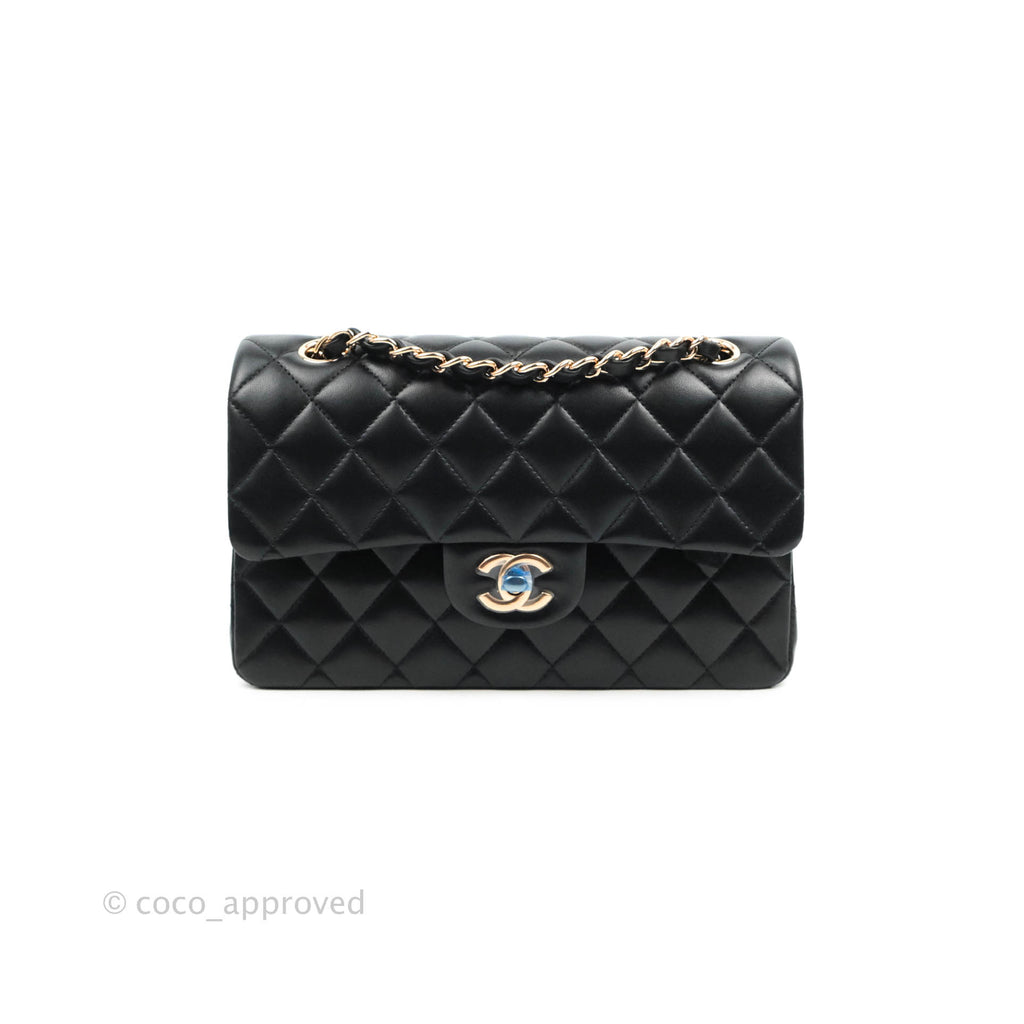 Chanel Classic Small S/M Flap Black Lambskin Rose Pink-Gold Hardware