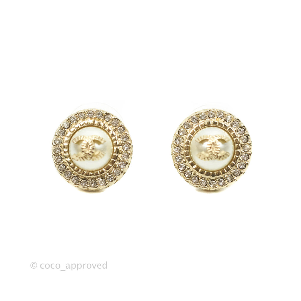 Chanel CC Pearl Crystal Round Earrings Gold Tone 21B