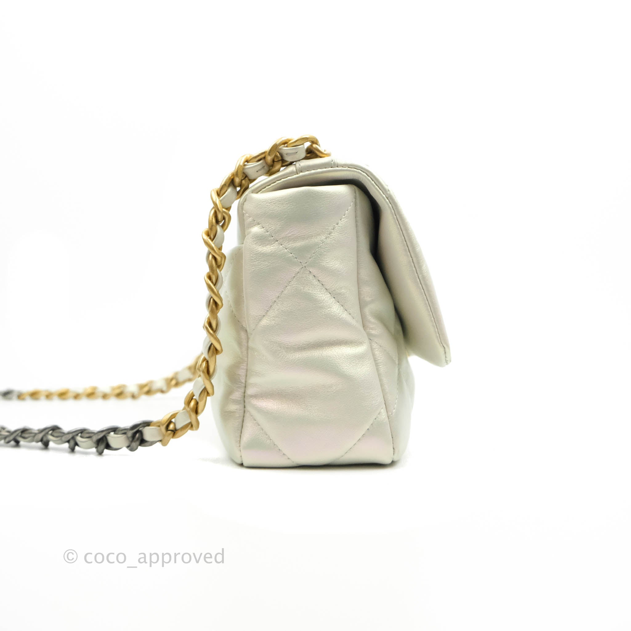 Chanel 19 Small Iridescent White Mixed Hardware – Coco