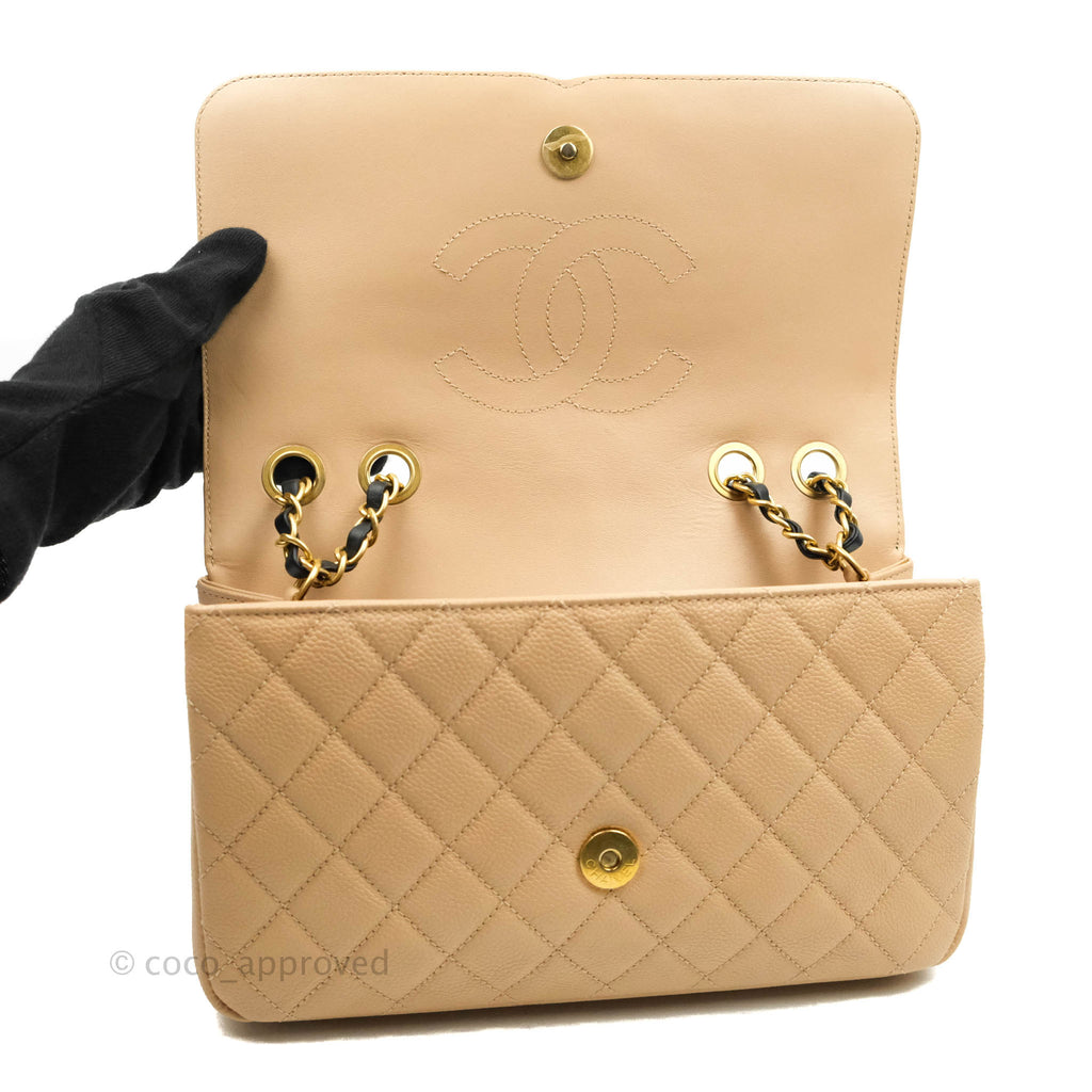 Chanel Quilted Medium CC Filigree Flap Beige Black Caviar