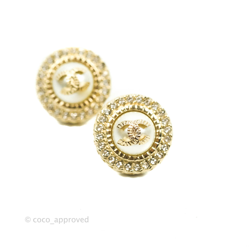Chanel CC Pearl Crystal Round Earrings Gold Tone 21B