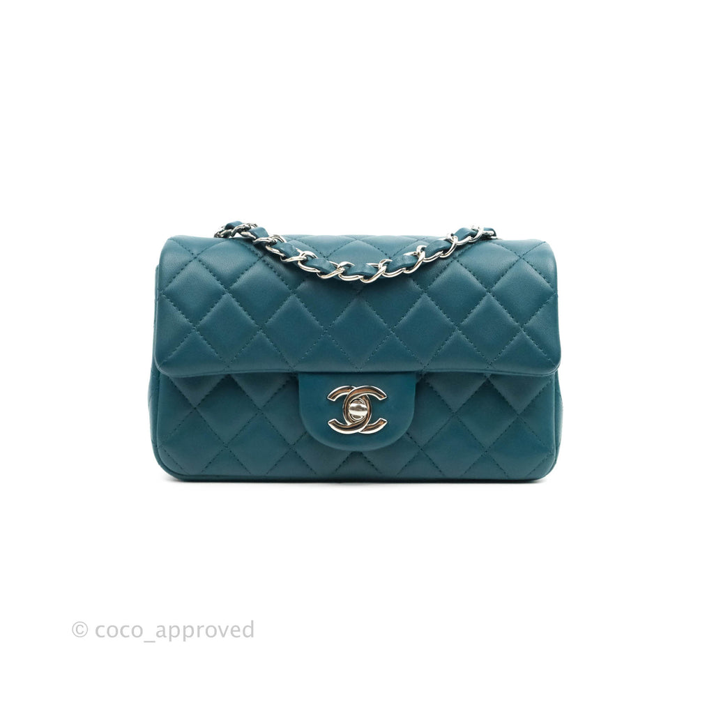 Chanel Classic Mini Rectangular Flap Teal Lambskin Silver Hardware