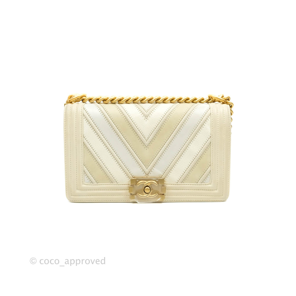 Chanel Medium Chevron Boy Light Beige Calfskin Caviar Aged Gold Hardware