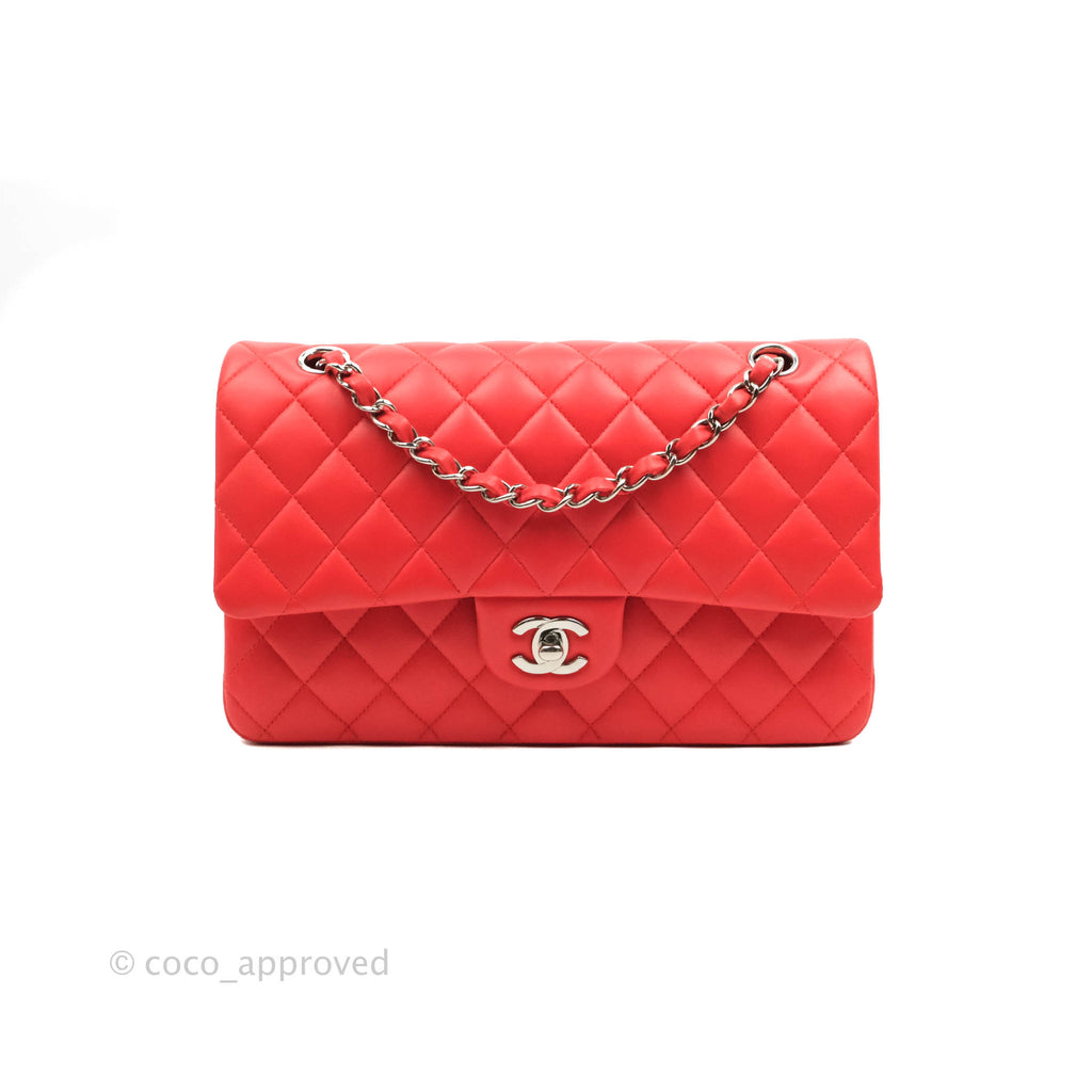 Chanel Classic M/L Medium Double Flap Orange Red Lambskin Silver Hardware