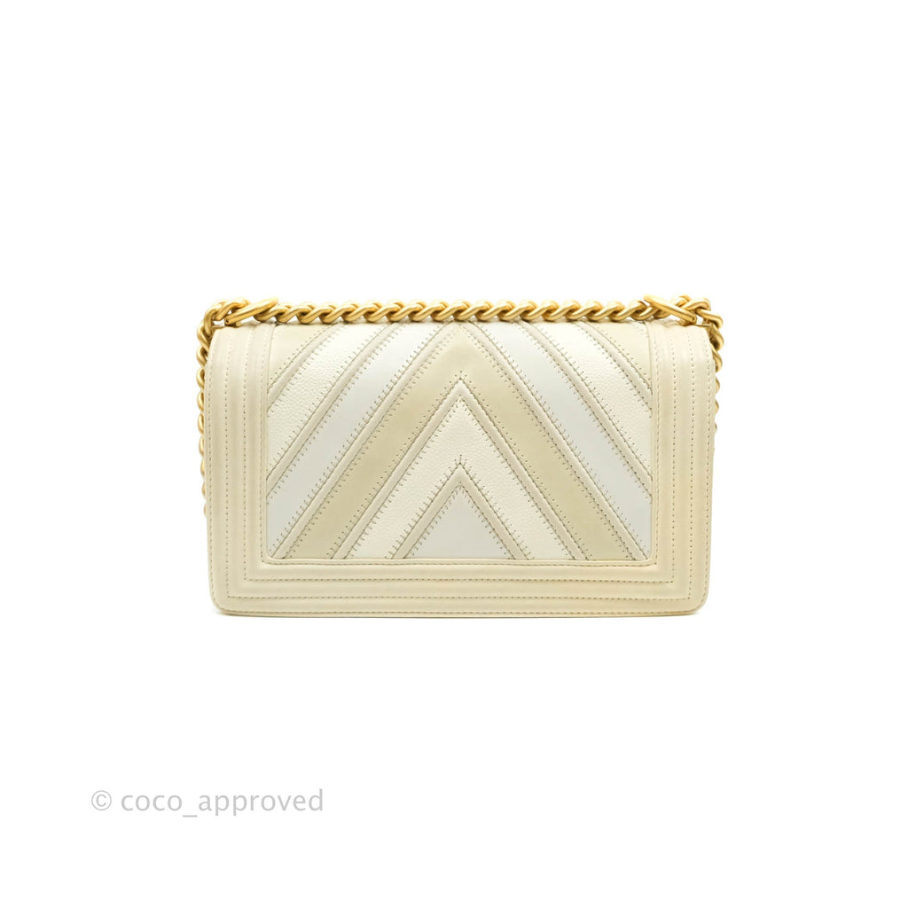 Chanel Medium Chevron Boy Light Beige Calfskin Caviar Aged Gold Hardware