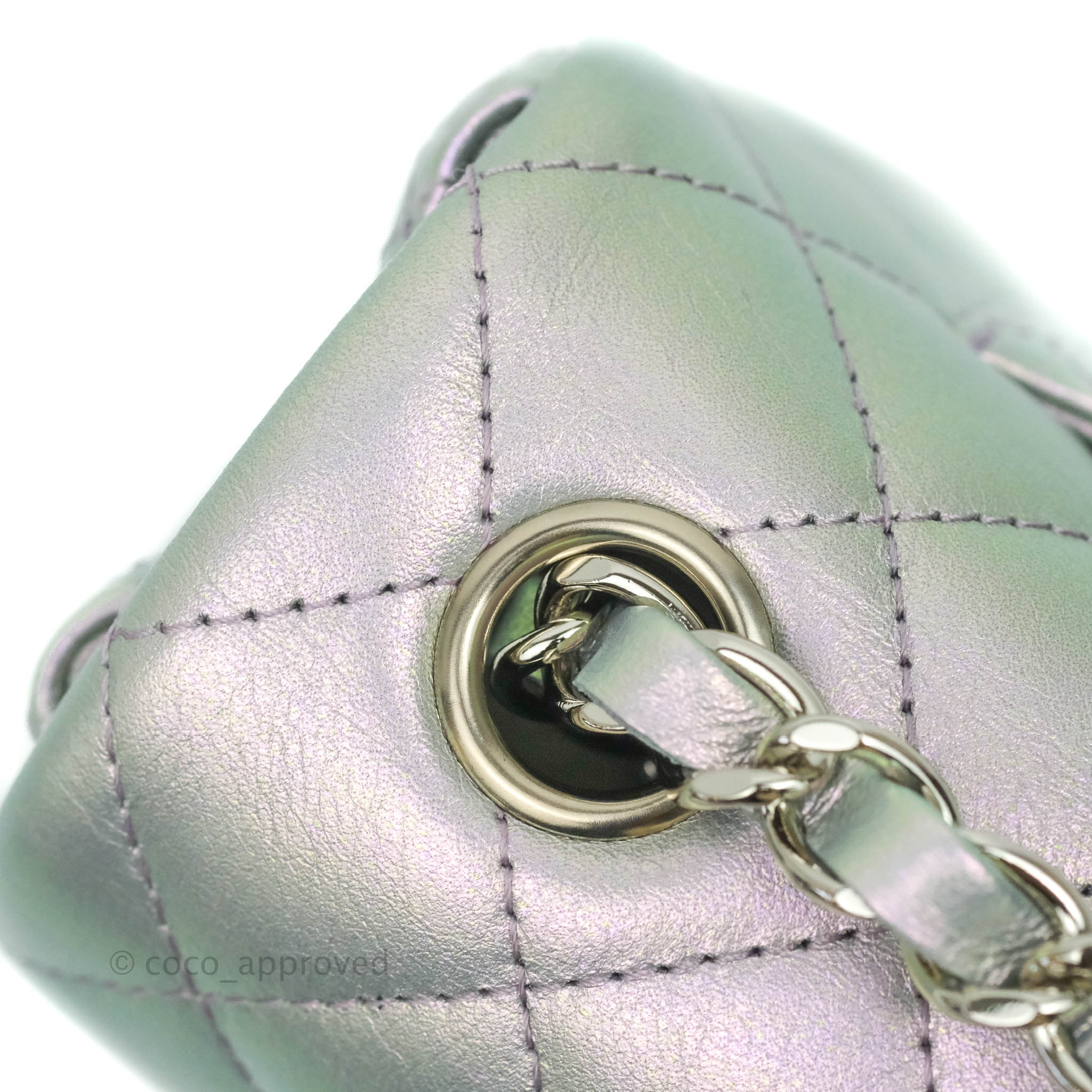 Chanel Quilted Mini Rectangular Iridescent White Lilac Calfskin Silver –  Coco Approved Studio