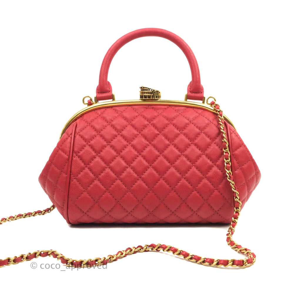 Chanel Quilted Kisslock Handbag With Chain Red Calfskin Gold Hardware