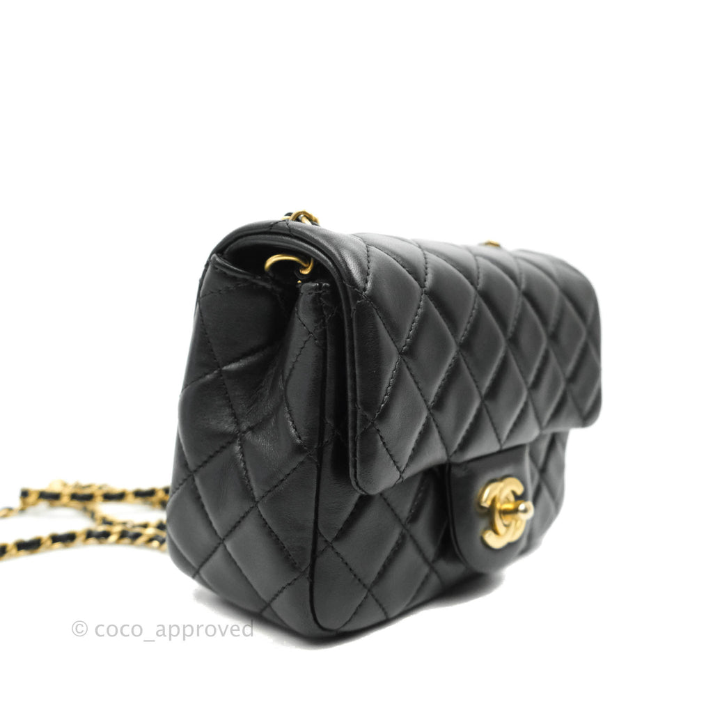 Chanel Mini Square Pearl Crush Quilted Black Lambskin Aged Gold Hardware