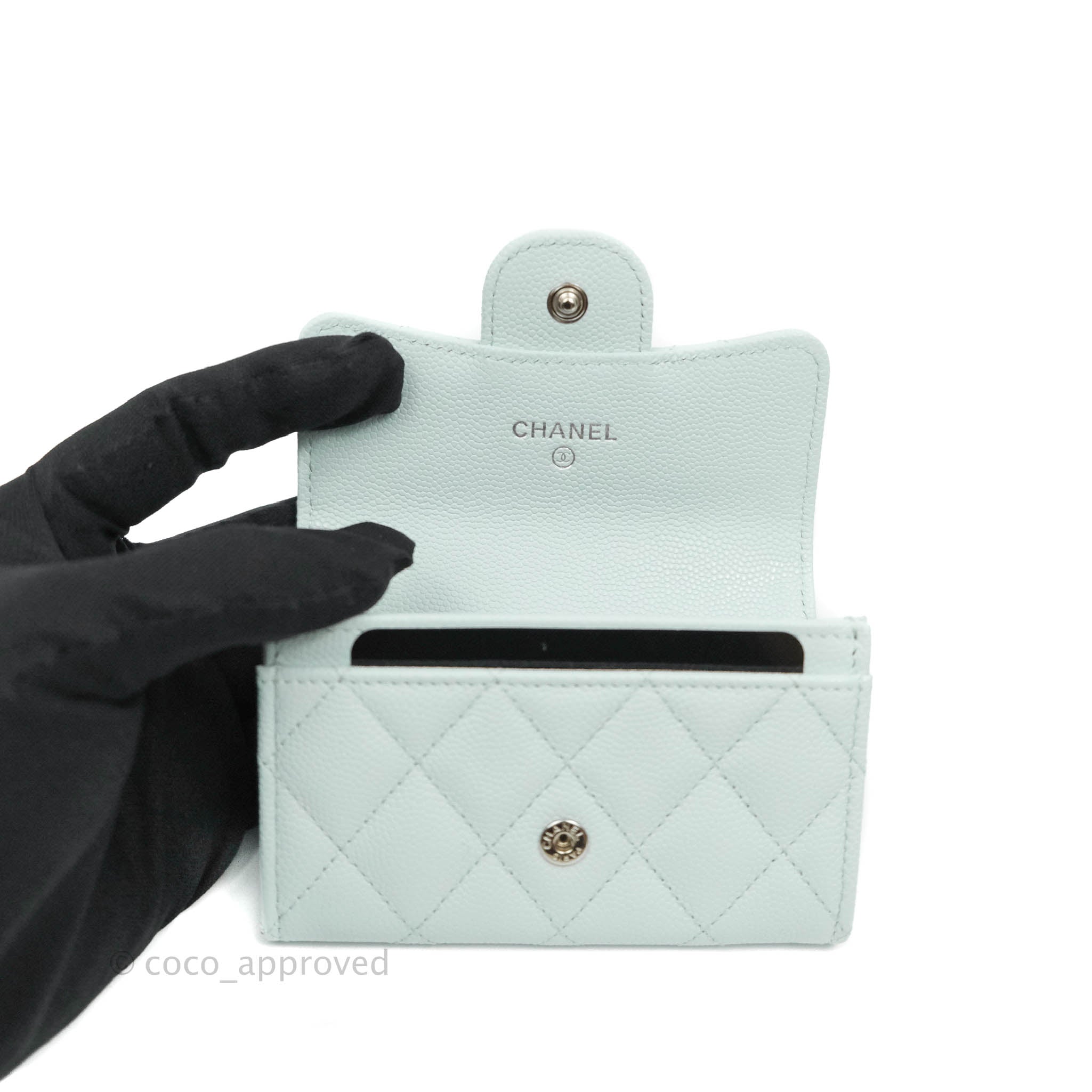Chanel Quilted Classic Flap Card Holder Pale Mint Caviar Silver