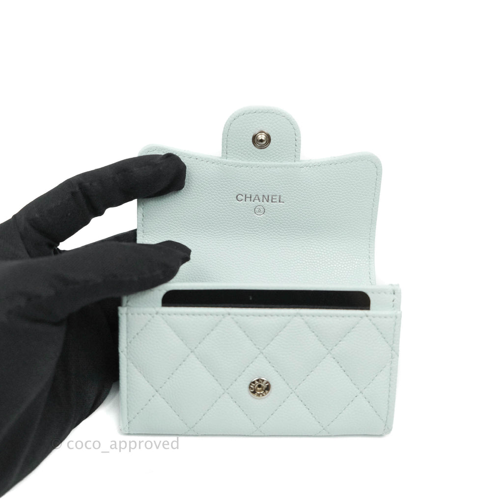 Chanel Quilted Classic Flap Card Holder Pale Mint Caviar Silver Hardware