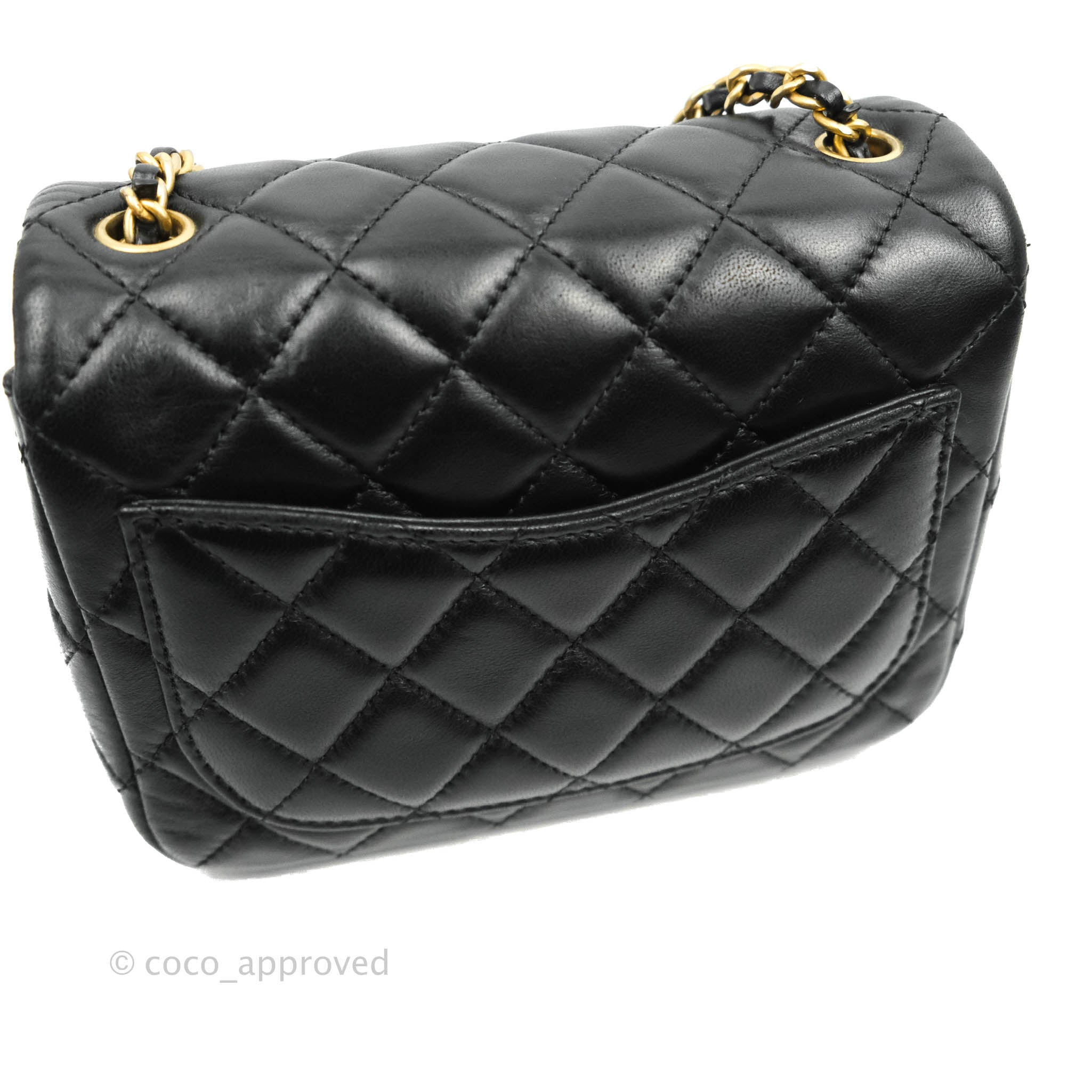 Chanel Mini Square Pearl Crush Quilted Black Lambskin Aged Gold