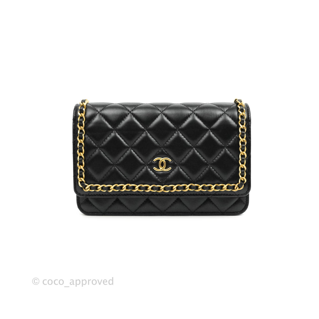 Chanel Quilted Wallet on Chain WOC Chain Around Black Lambskin Aged Gold Hardware