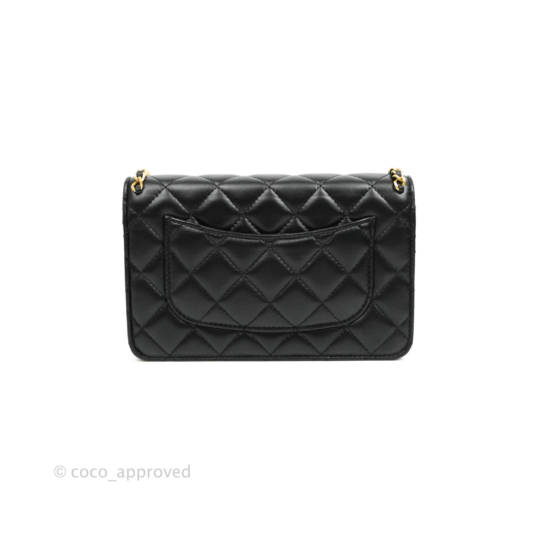 Chanel Quilted Wallet on Chain WOC Chain Around Black Lambskin Aged Go – Coco  Approved Studio