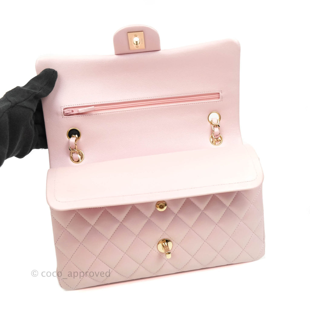 Chanel Quilted M/L Medium Double Flap Bag Iridescent Pink Calfskin Gold Hardware