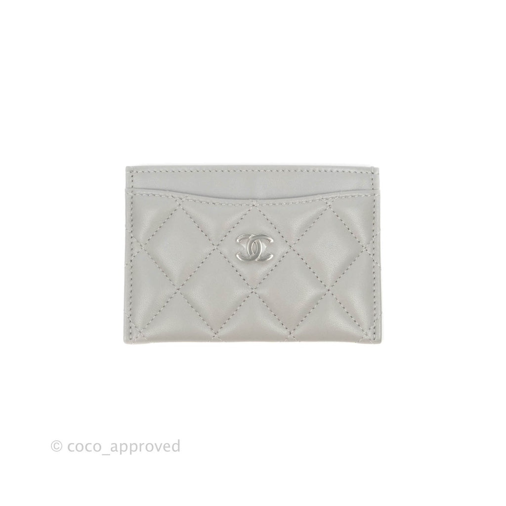 Chanel Classic Quilted Flat Card Holder Grey Lambskin Silver Hardware