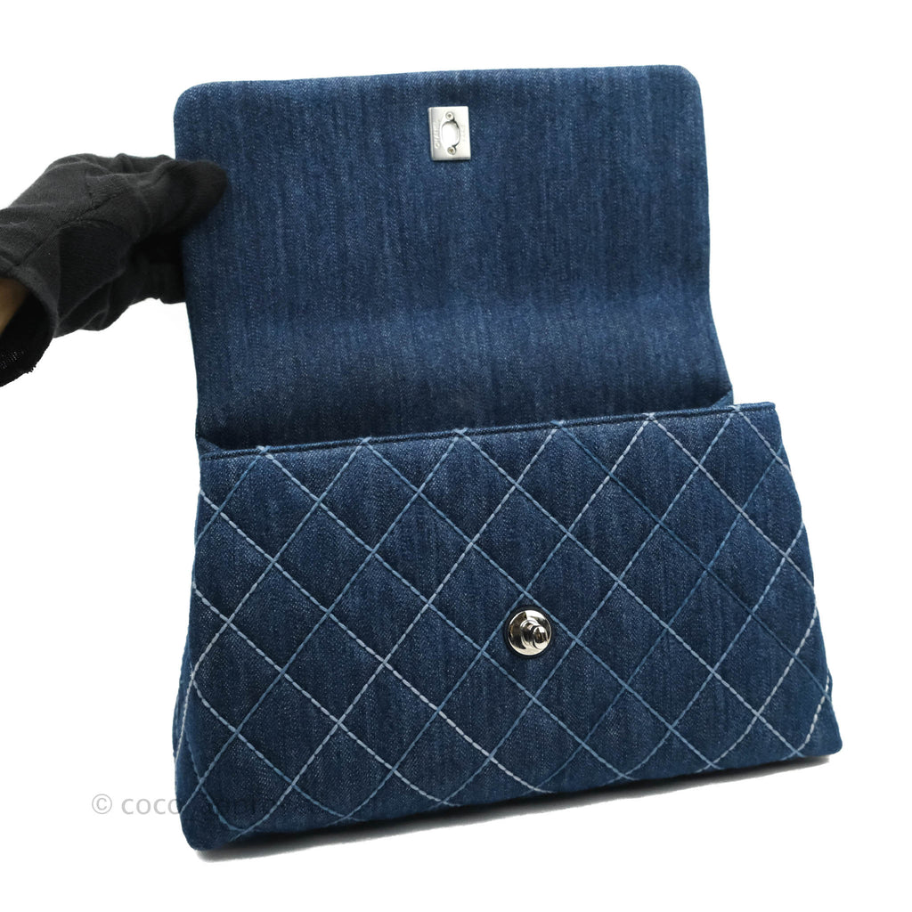 Chanel Medium (Small) Quilted Coco Handle Flap Navy Denim Silver Hardware