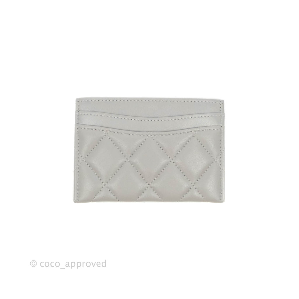 Chanel Classic Quilted Flat Card Holder Grey Lambskin Silver Hardware